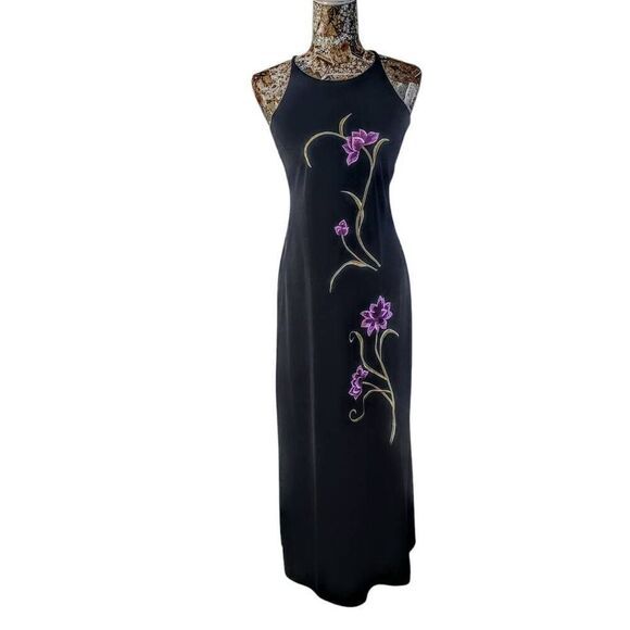 Long Black Gown with Lavender Embroidered Flowers and Crisscross Back Maxi Dress - Picture 5 of 15